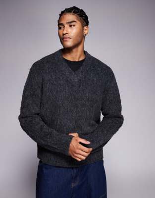 ADPT ADPT fluffy v neck knit jumper in dark grey
