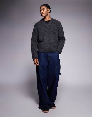 Adpt Fluffy V-neck Knit Sweater In Gray