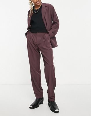 Adpt High Waist Loose Fit Suit Pants In Burgundy-red