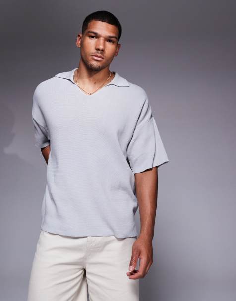 ADPT oversized knitted split neck polo in light grey