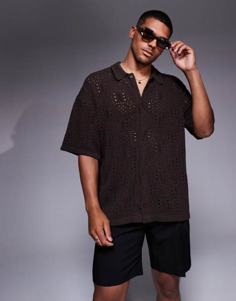 ADPT knitted crochet shirt in brown - view 1