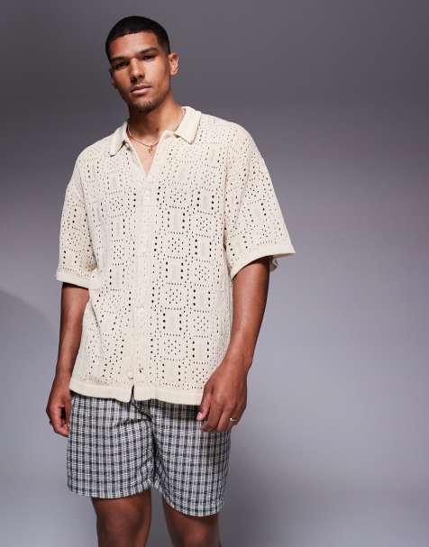 ADPT knitted crochet shirt in cream - view 1