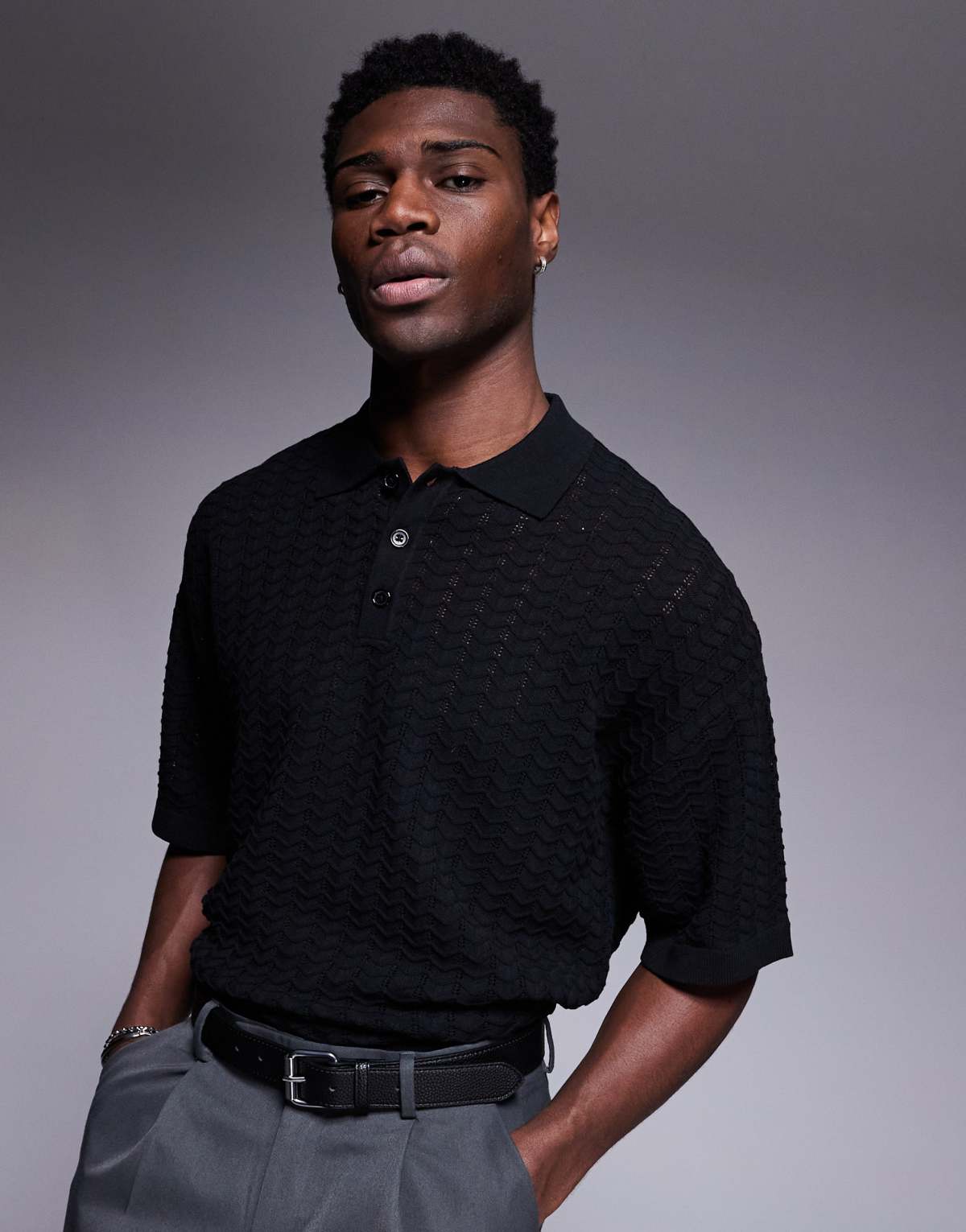 ADPT knitted texture polo shirt in black