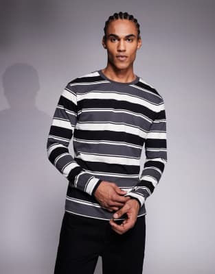 Langärmliges Oversize-Shirt in Grau mit Streifen-Weiß Weiß XS