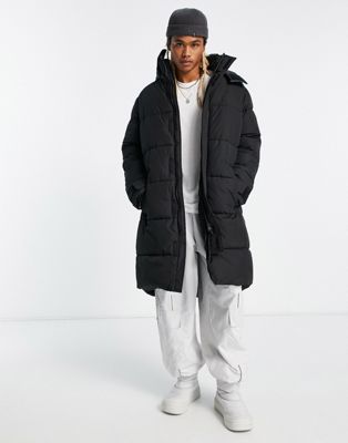 ADPT long puffer jacket with hood in black