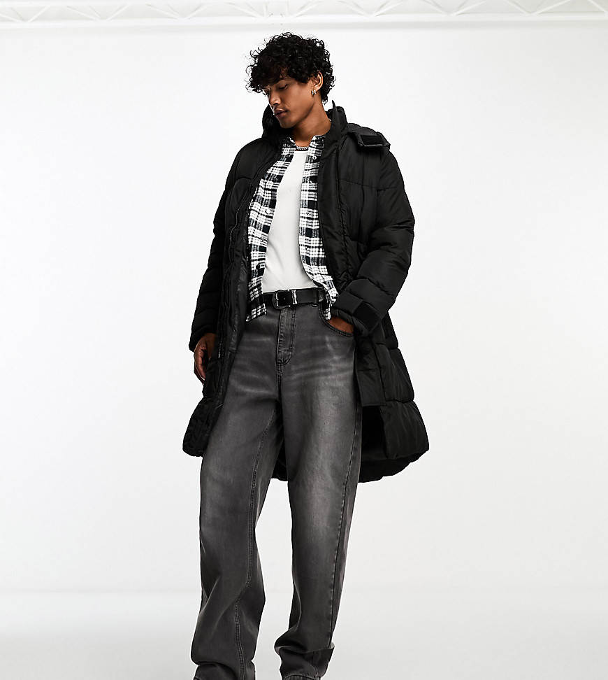 long puffer jacket with hood in black