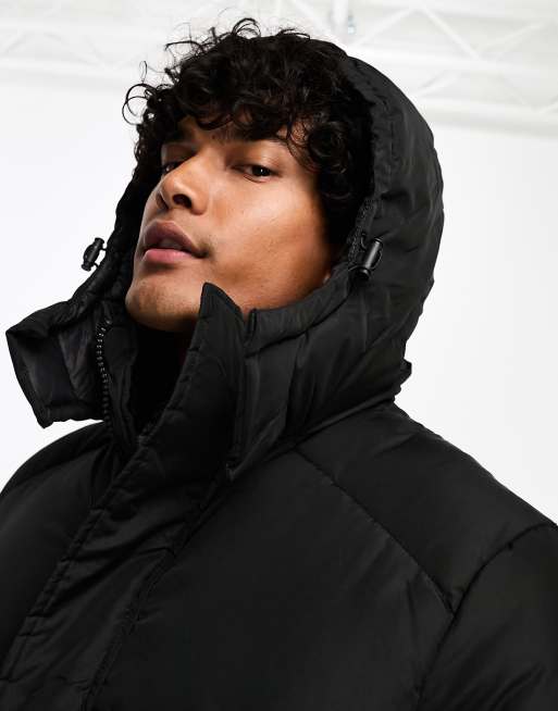 Black hooded long puffer jacket online