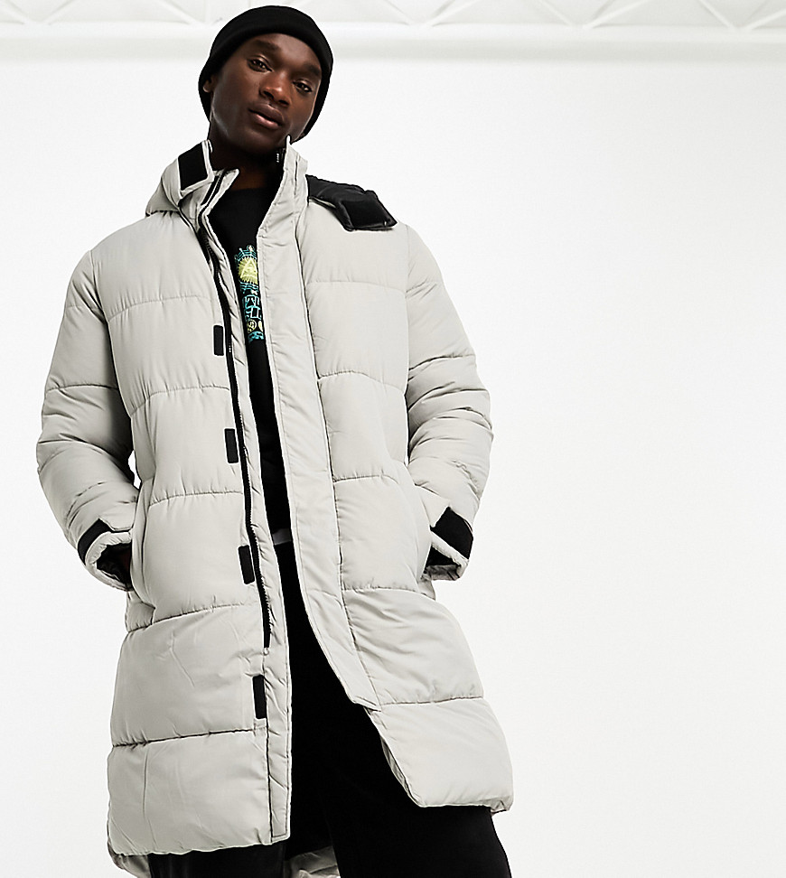 long puffer jacket with hood in gray