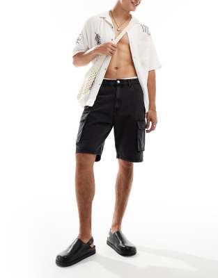 loose fit denim cargo shorts in washed black