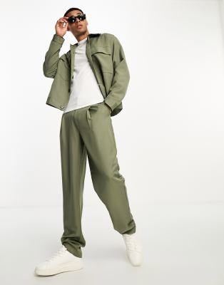 Adpt Loose Fit High Waisted Suit Pants In Khaki - Part Of A Set-green