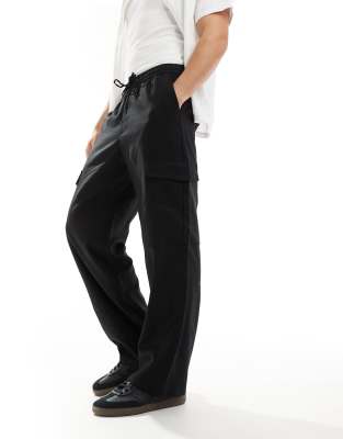 Adpt Loose Fit Linen Mix Cargo Pants In Black