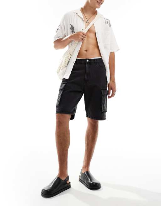 ADPT - Losvallende denim cargoshort in zwart met wassing