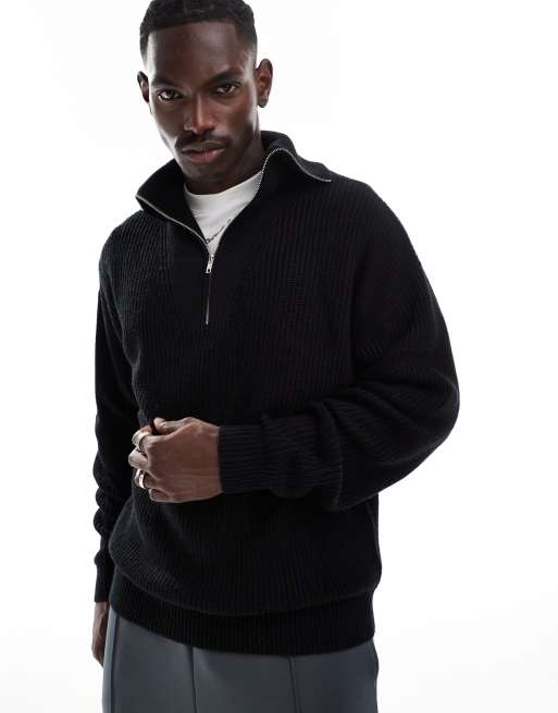 ADPT - Maglione oversize accollato nero lavorato a coste inglesi con zip corta 