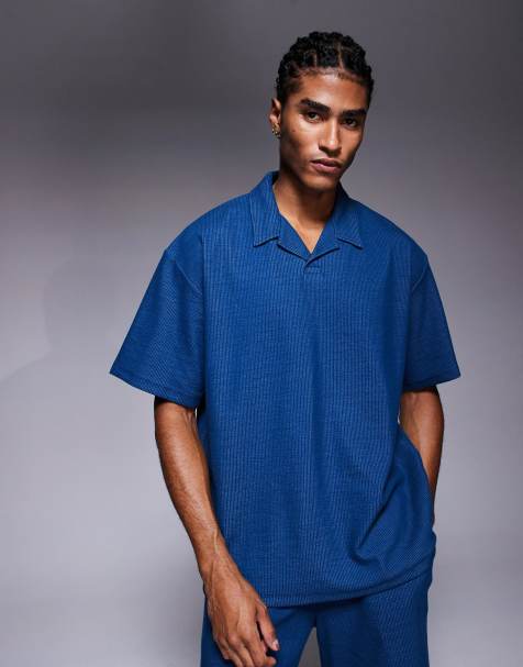 ADPT split neck texture polo shirt in denim blue