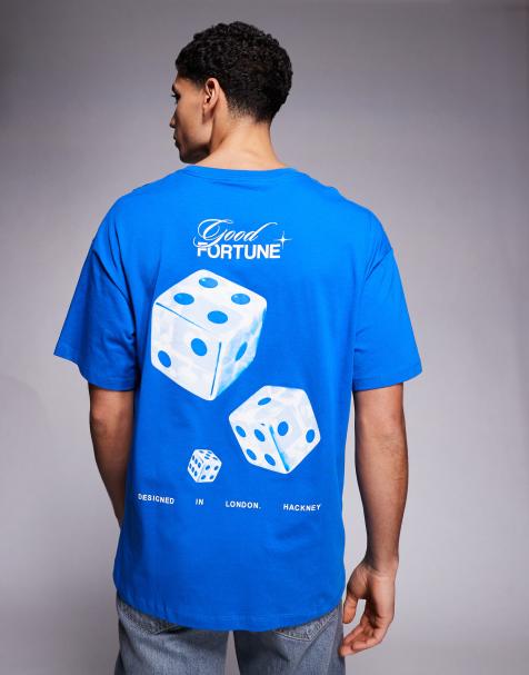 ADPT – Niebieski T-shirt oversize z nadrukiem z kostkami na plecach - view 1