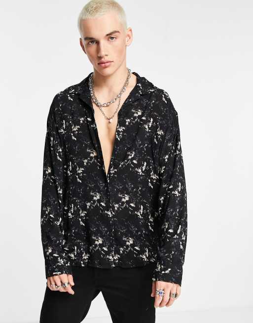 ADPT – Oversize-Hemd in Schwarz mit Marmorprint und Reverskragen