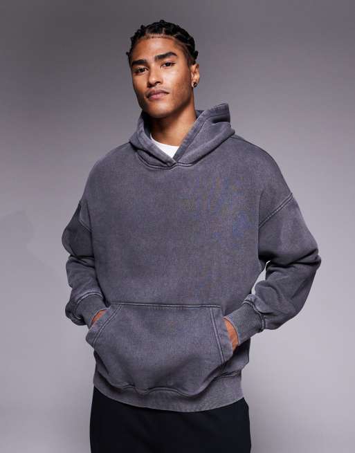 ADPT – Oversize-Kapuzenpullover in verwaschenem Dunkelgrau mit Grafik