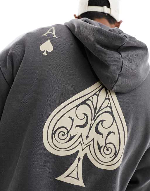 ADPT – Oversize-Kapuzenpullover in verwaschenem Grau mit Pik-Ass-Rückenprint , 4 von 4