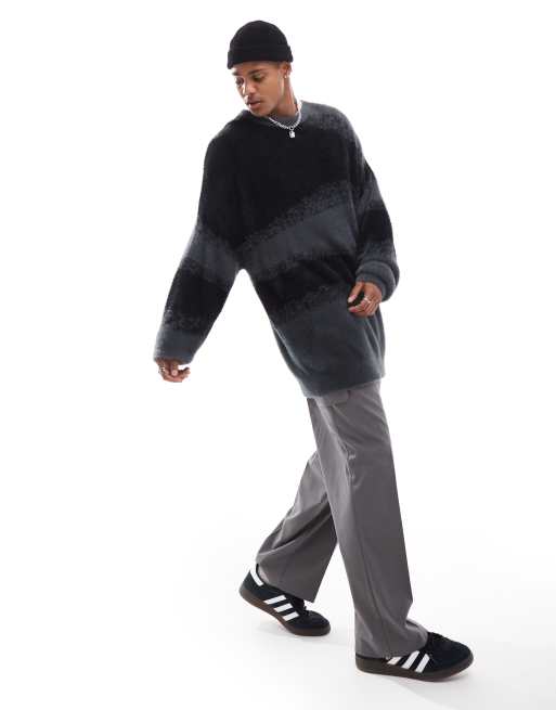 ADPT – Oversize-Pullover in Schwarzgrau mit diagonalem Muster und Rundhalsausschnitt, 3 von 4