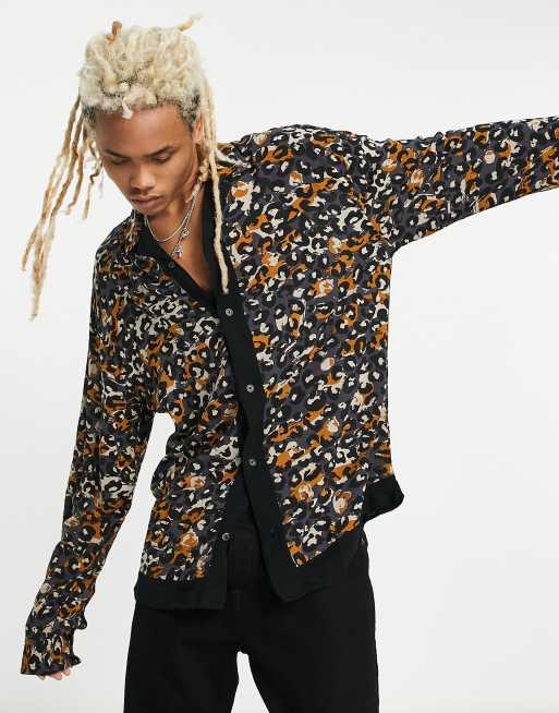 ADPT oversized abstract leopard print shirt with border in black 