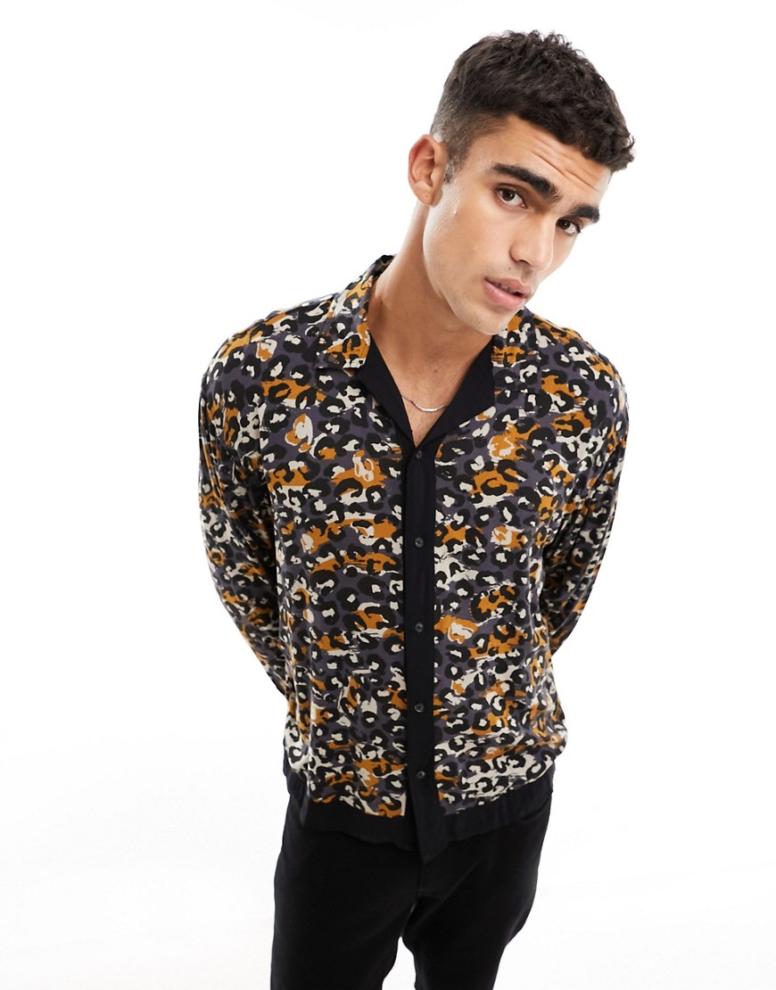 ADPT oversized abstract leopard print shirt with border shirt in black