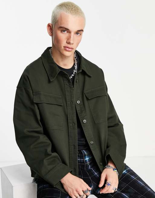 ADPT oversized boxy fit twill overshirt in khaki | ASOS