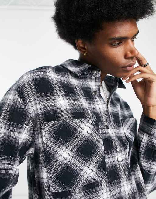 ADPT oversized boxy flannel check overshirt in black