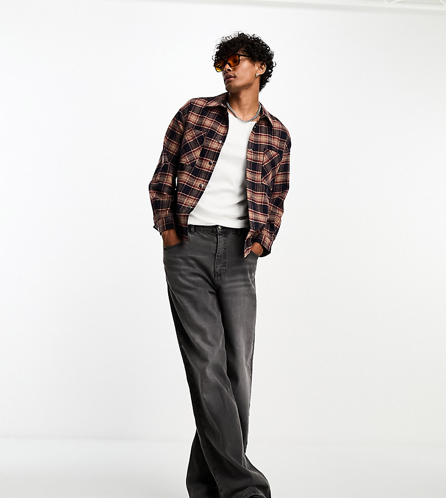 oversized boxy flannel check overshirt in brown