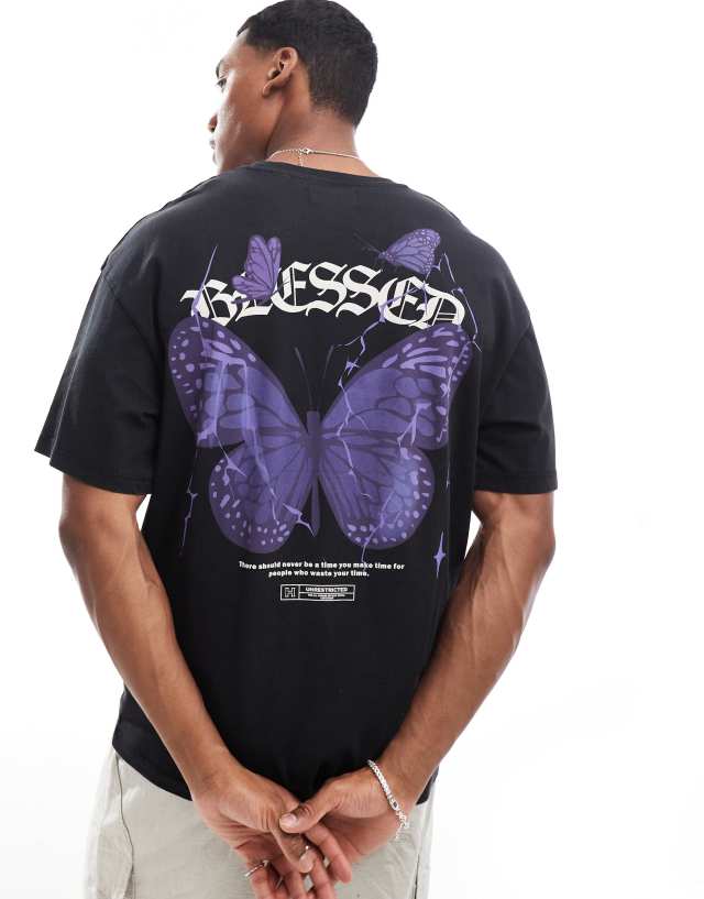 ADPT - oversized butterfly back print t-shirt in washed black