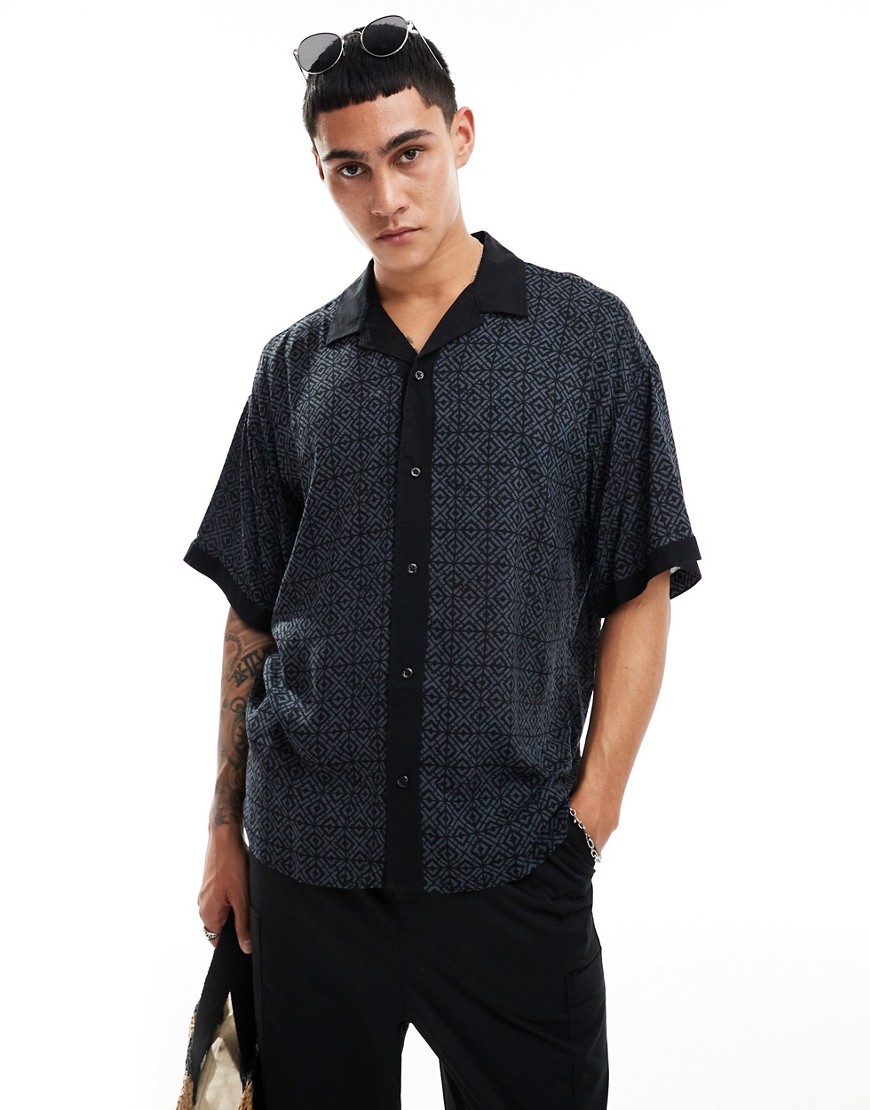 Adpt Oversized Camp Collar Shirt With Boarder Print In Gray In Black