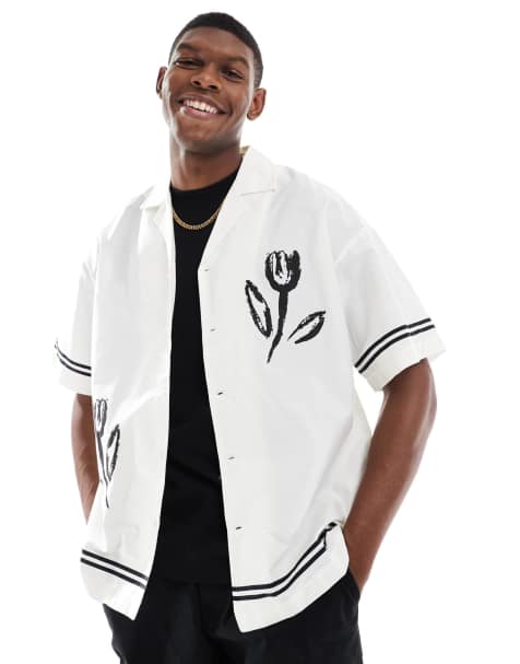 ADPT oversized camp collar shirt with flower placement print in white - view 1