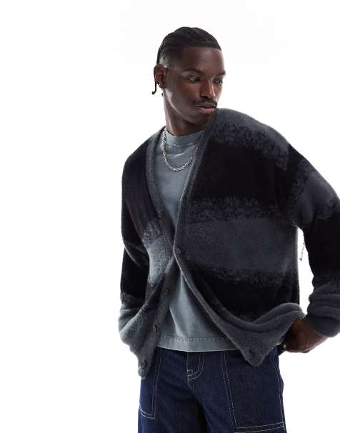 ADPT oversized cardigan in diagonal print in black grey - view 1