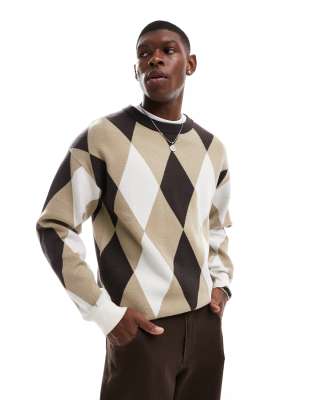 ADPT ADPT oversized crew neck jumper in argyle print in tan brown