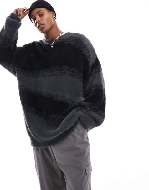 ADPT oversized crew neck jumper in diagonal print in black grey - view 1
