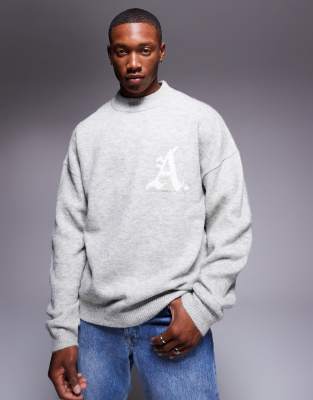 Adpt Oversized Crew Neck Knit Sweater In Gray