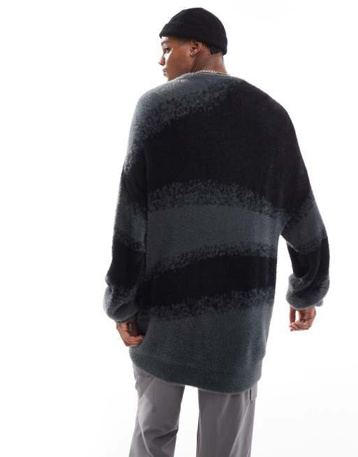 ADPT oversized crew neck sweater in diagonal print in black and gray, 4 of 4