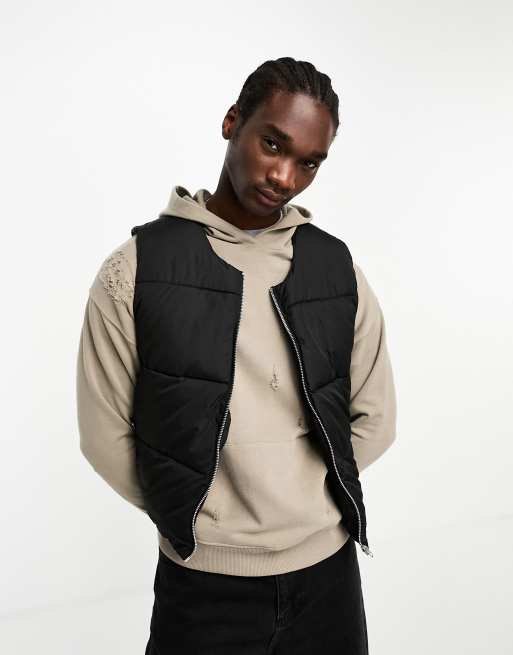 Black down shop vest with hood