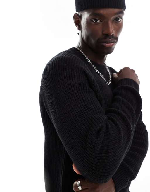 ADPT oversized fisherman rib crew neck sweater in black 