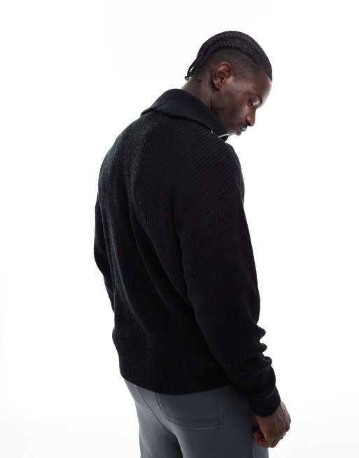 ADPT oversized fisherman rib high neck quarter zip in black , 3 of 4