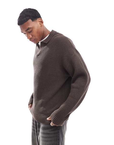 ADPT oversized fisherman rib polo in chocolate brown - view 1