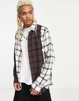 Adpt Oversized Flannel Mix Check Shirt In White & Brown