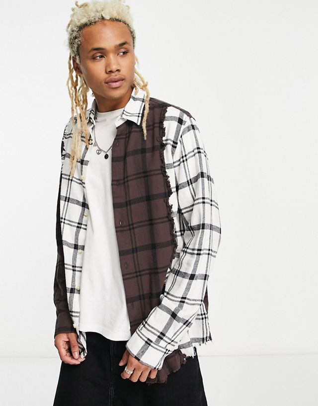 ADPT oversized flannel mix check shirt in white & brown