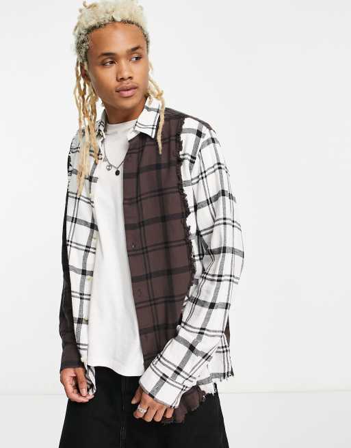 ADPT oversized flannel mix check shirt in white & brown 
