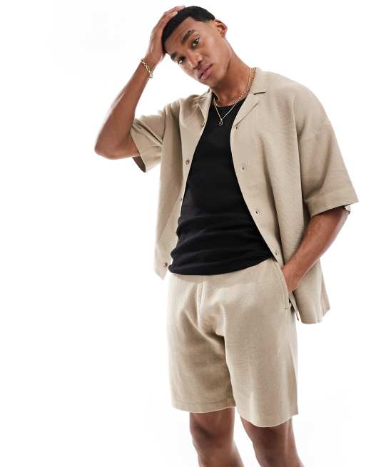 ADPT - Oversized gebreid overhemd in beige, deel van co-ord set 
