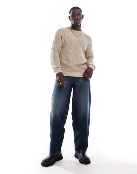 ADPT - Oversized geribbelde visserstrui met ronde hals in beige - view 1