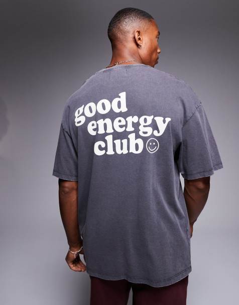 ADPT - Oversized gewassen T-shirt met 'Good energy club'-print op de rug in donkergrijs - view 1