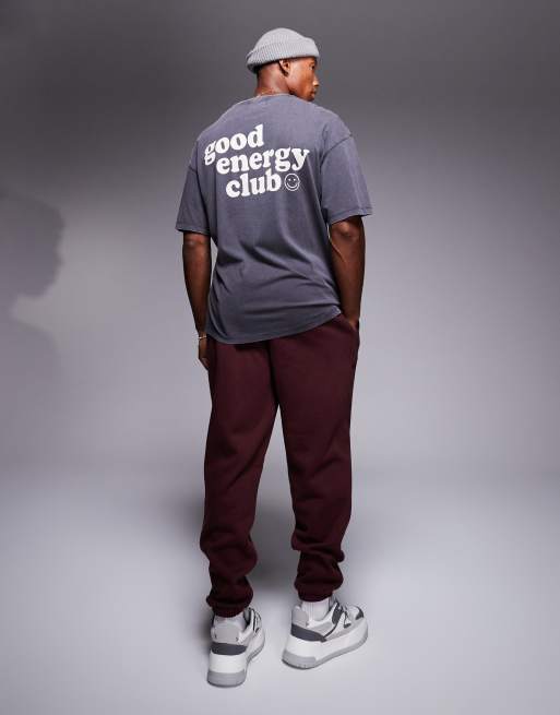 ADPT - Oversized gewassen T-shirt met 'Good energy club'-print op de rug in donkergrijs