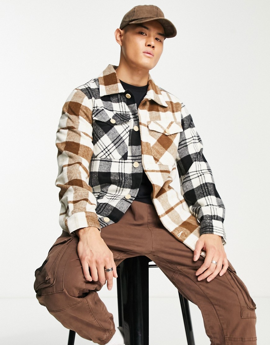 Adpt Oversized Heavy Brushed Check Overshirt In Beige & Black-neutral