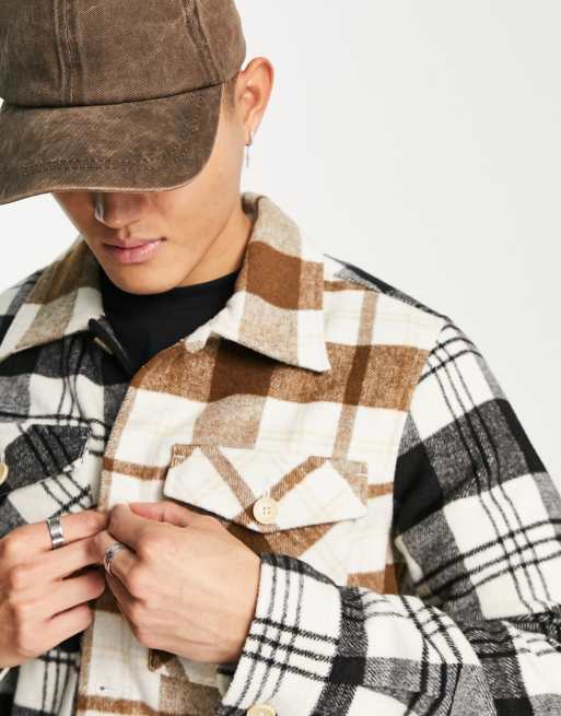 ADPT oversized heavy brushed check overshirt in beige