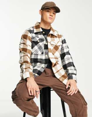 ADPT oversized heavy brushed check overshirt in beige & black-Neutral